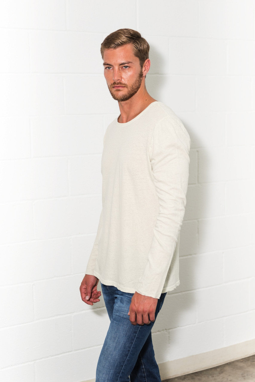 Men's Linen Blend Crew Neck Long Sleeve