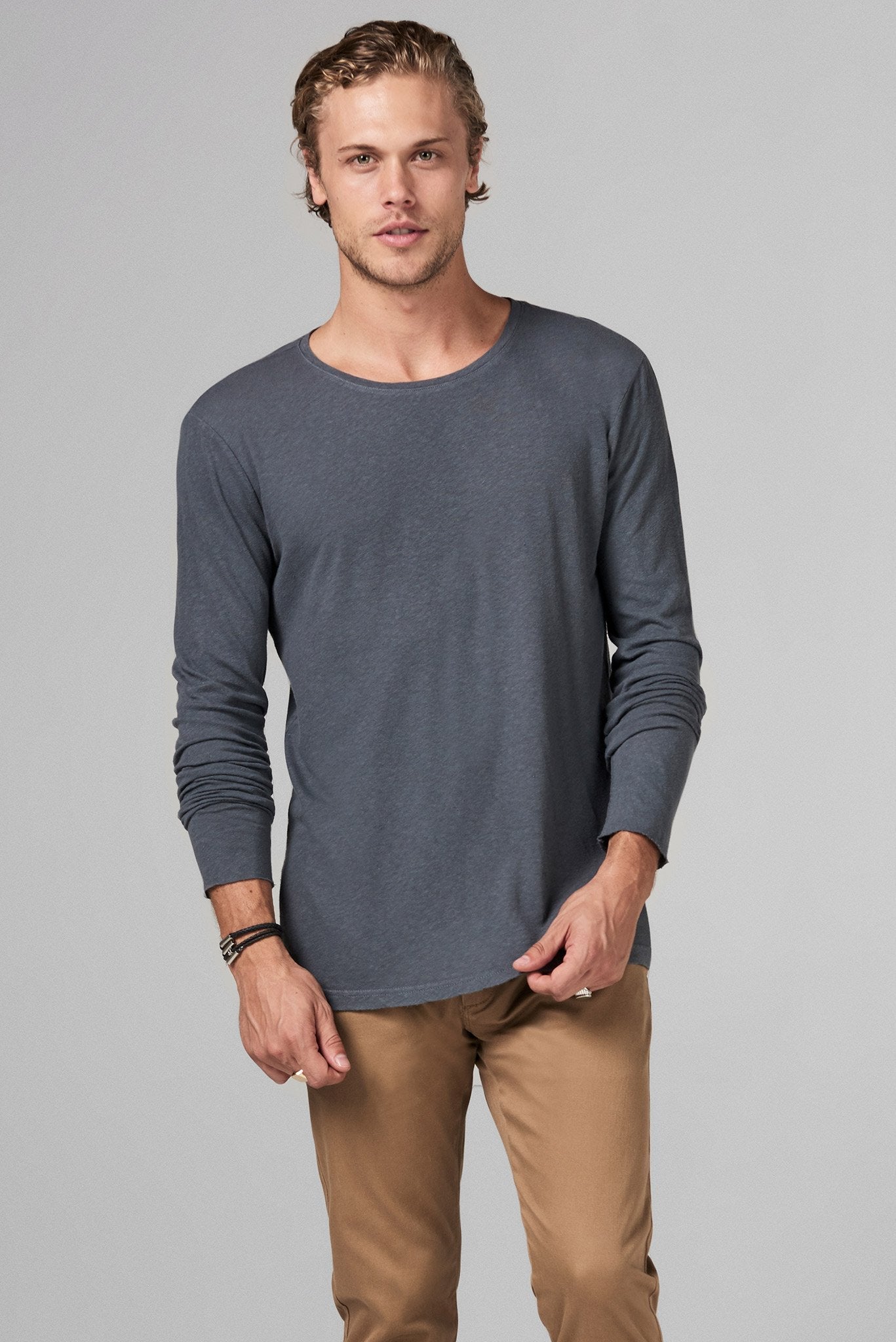 Men's Linen Blend Crew Neck Long Sleeve